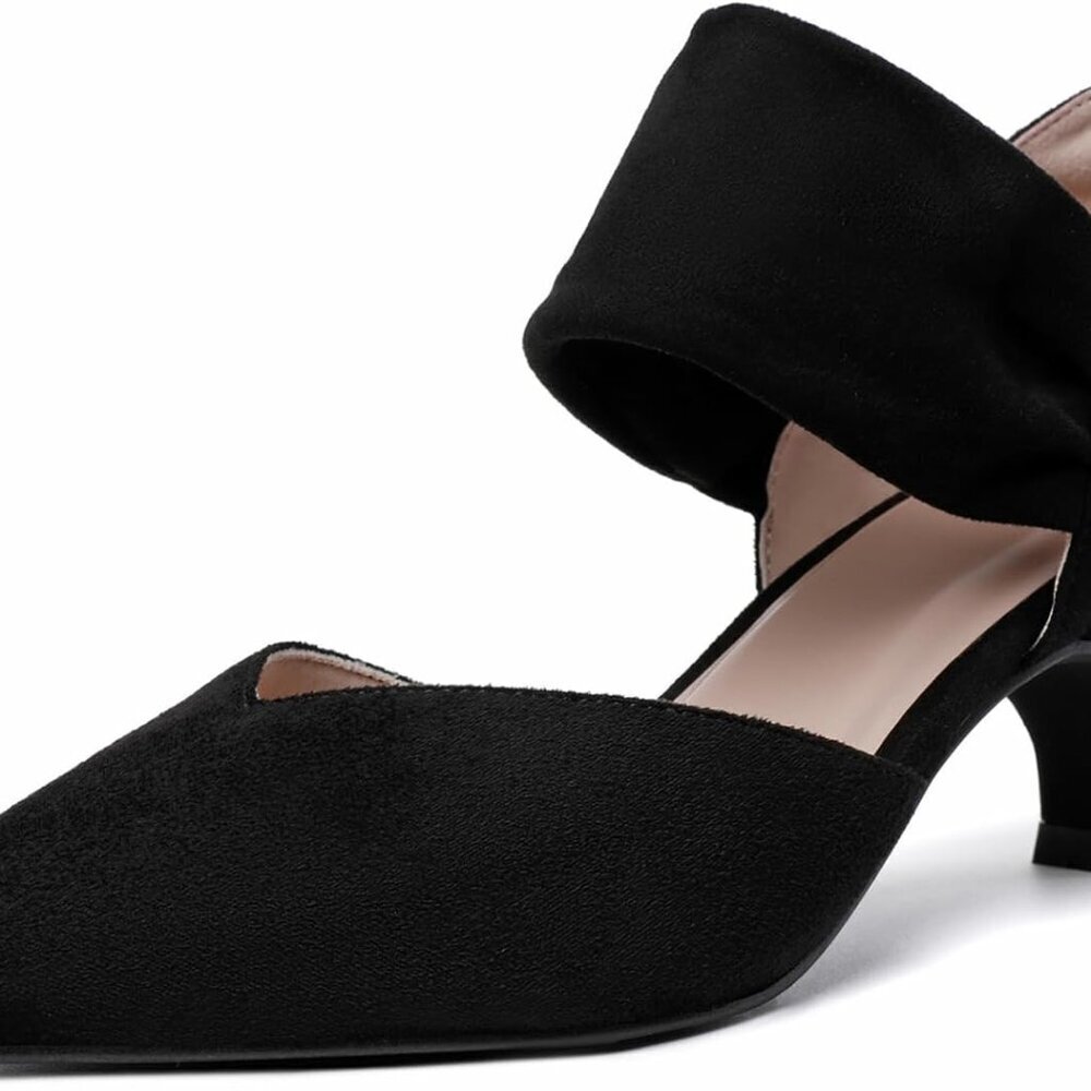 Women Closed Toe Kitten Heels Suede Low Pumps Slip-On Dress Shoes Black